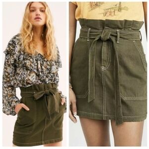 Free People Paper Bag Waist Removeable Utiliy Belt Army Green Cargo Mini Skirt